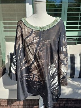 Marina Rinaldi Black & Beige Abstract Beaded-Neck Tunic